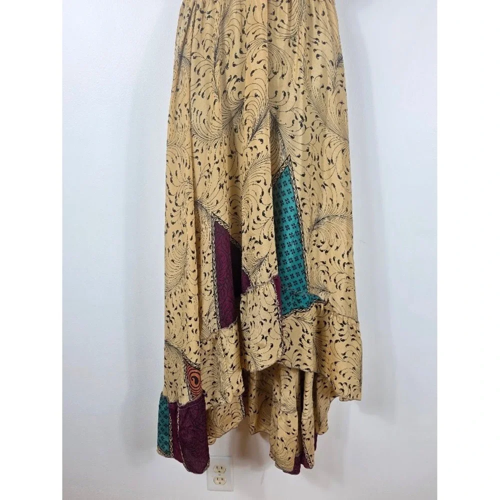 Silk Maxi Dress Womens OS Tan Patchwork Boho Festival Gypsy Ethnic Hippie